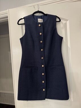 Abercrombie & Fitch Navy Sleeveless Textured Shift Dress with Gold Buttons